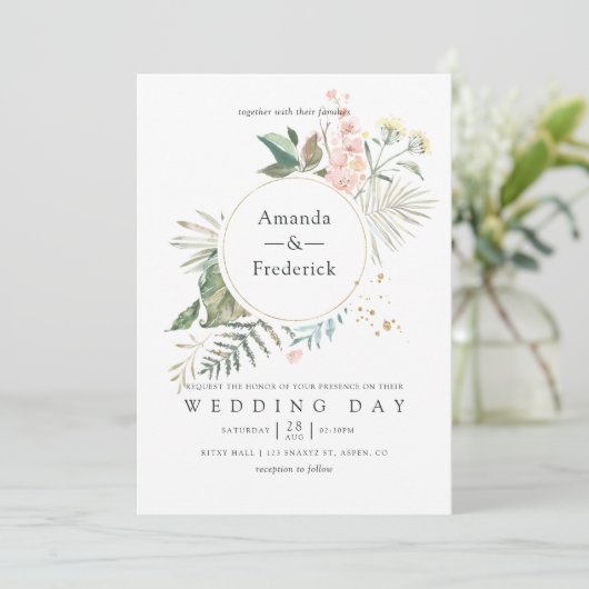 セレニティウォーターカラーグリーナリージオメトリック結婚ス 招待状 (スタンド正面)