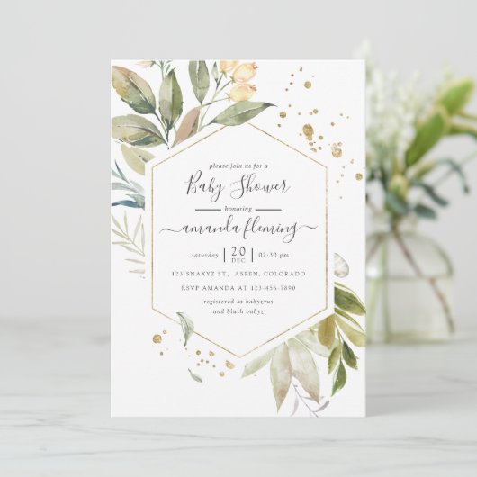 セレニティウォーターカラー緑の幾何学赤ちゃんシャワー 招待状 (スタンド正面)