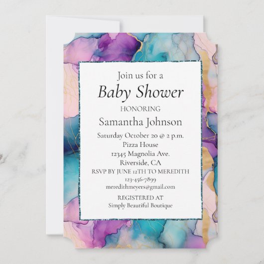 セレニティクリスタルアクアブルーパープルベビーシャワー 招待状 (正面)