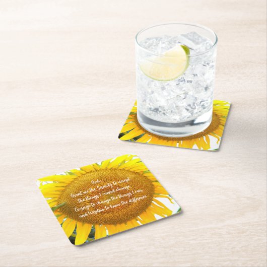 セレニティ祈りの言葉イエローサンフラワーフローラ スクエアペーパーコースター (インサイチュ)
