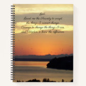 セレニティ祈りの言葉オレンジシースケープサンセットフォト ノートブック (正面)