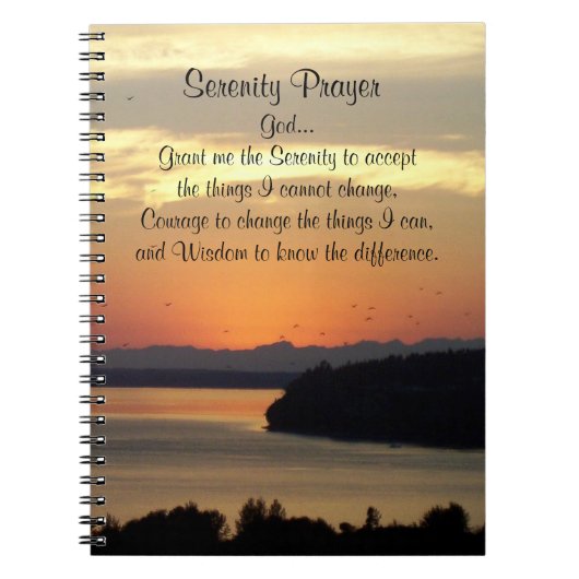 セレニティ祈りの言葉オレンジシースケープサンセット ノートブック (正面)