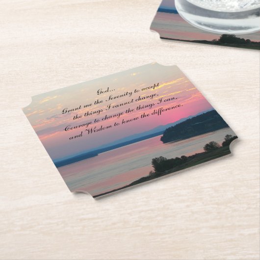 セレニティ祈りの言葉ピンクシースケープサンセット ペーパーコースター (アングル)