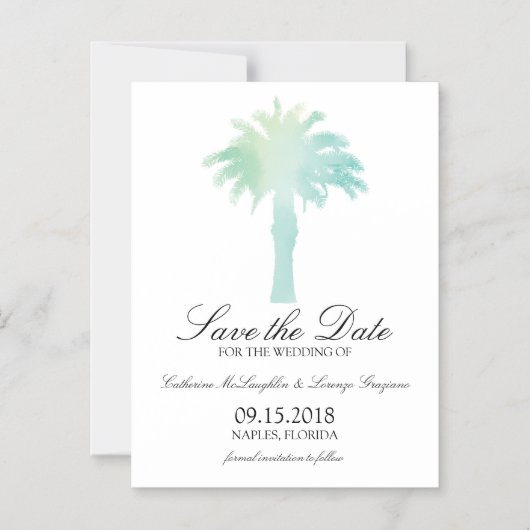 セレネパームツリーウォーターカラー |日付の保存 マグネット招待状 (正面)