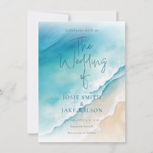 セレネブルー海ビーチ水結婚色 招待状 (正面)