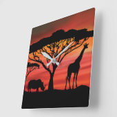 セレンゲッティの美しいキリンとライノセロス スクエア壁時計 (傾斜)