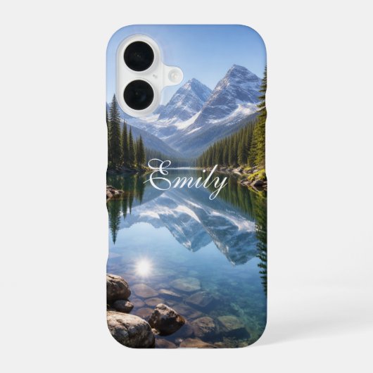 セレンマウンテン湖の風景 パーソナライズドネーム iPhone 16ケース (裏面)