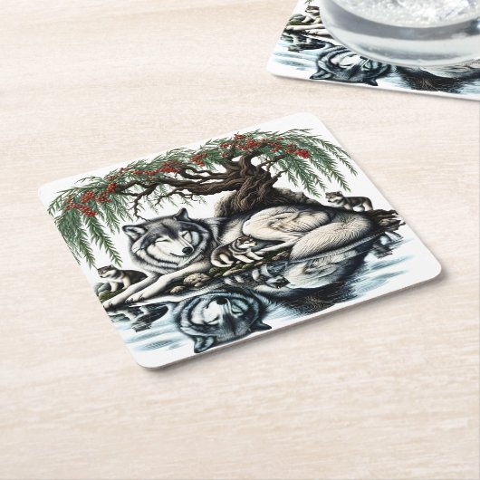セレーヌウルフファミリーオアシスインアイディリック自然 スクエアペーパーコースター (アングル)