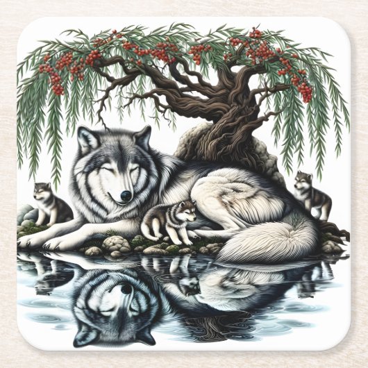 セレーヌウルフファミリーオアシスインアイディリック自然 スクエアペーパーコースター (正面)