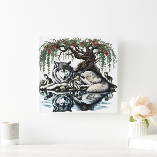 セレーヌウルフファミリーオアシスインアイディリック自然 スクエア壁時計 (ホーム)