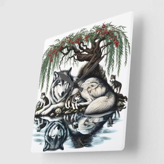 セレーヌウルフファミリーオアシスインアイディリック自然 スクエア壁時計 (傾斜)