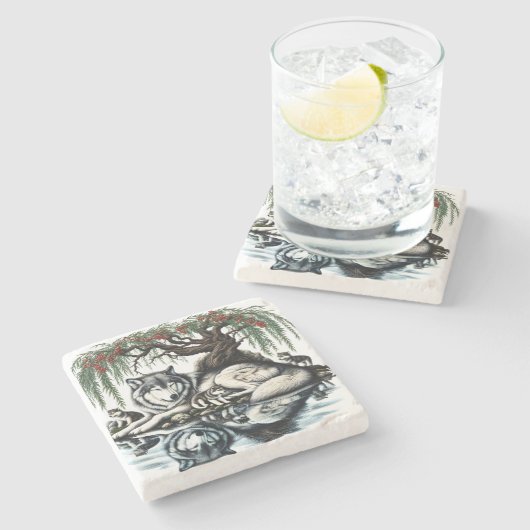 セレーヌウルフファミリーオアシスインアイディリック自然 ストーンコースター (横)