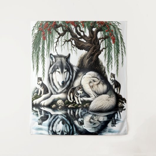 セレーヌウルフファミリーオアシスインアイディリック自然 タペストリー (正面)