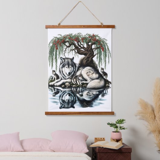 セレーヌウルフファミリーオアシスインアイディリック自然 吊り下げ型タペストリー (寝室)