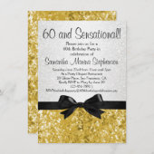 センセーショナル金ゴールドスパークルボウ60th誕生日パーティー 招待状 (正面/裏面)