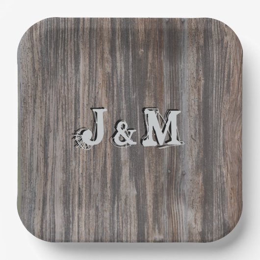 センターにイニシャルが入った木目調のウェディングペーパープレート ペーパープレート (正面)