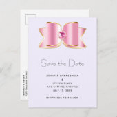 センタージェムストーン付きピンクグラムボウ日付を保存 インビテーションポストカード (正面/裏面)
