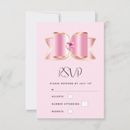 センタージェムストーン付きピンクグラムボウ結婚ズ 出欠カード (正面)