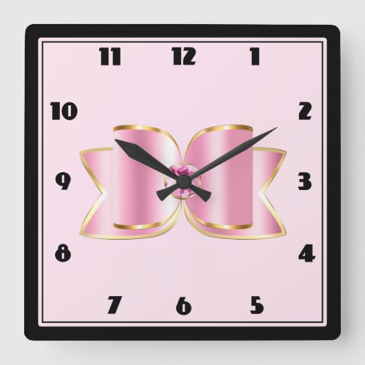センタージェムストーン付きピンクグラムボウ スクエア壁時計 (正面)