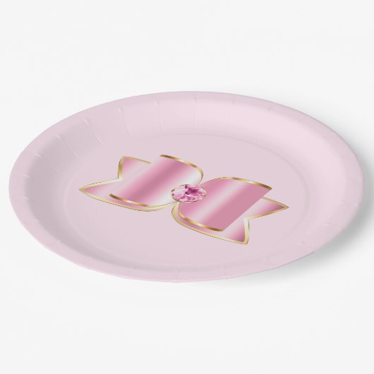 センタージェムストーン付きピンクグラムボウ ペーパープレート (アングル)