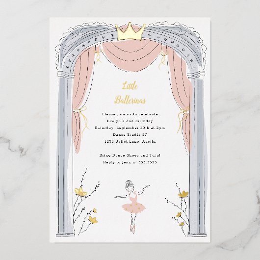 センターステージバレエ子供の誕生日パーティー金ゴールド 箔招待状 (正面)