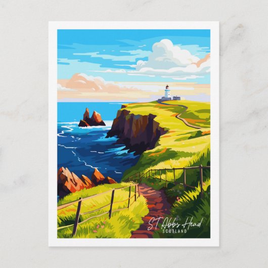 セントアビスヘッドスコットランドヴィンテージ旅行イラストレーション ポストカード (正面)