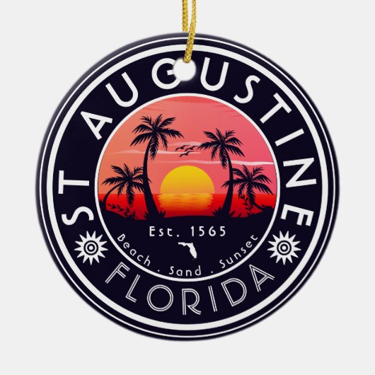 セントオーガスティンビーチフロリダパームツリーズレトロサンセット セラミックオーナメント (正面)