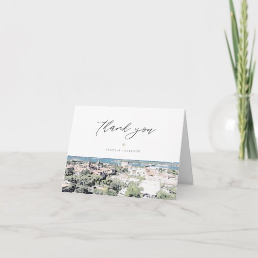 セントオーガスティン フロリダ 水彩画のスカイライン ありがとうカード サンキューカード (正面)