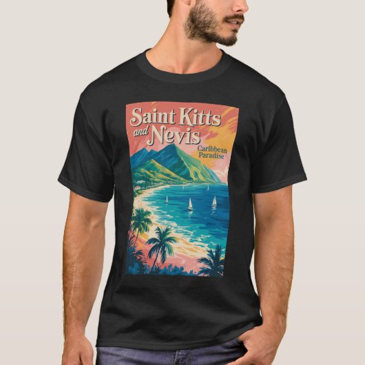 セントクリストファー・ネイビスの風景イラスト レトロ Tシャツ (正面)