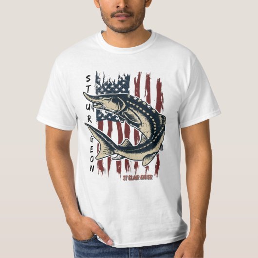 セントクレア川のチョウザメの魚と旗のシャツ Tシャツ (正面)