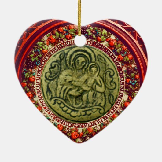 セントジョージ、ドラゴン/MADONNAおよび子供の花柄のハート セラミックオーナメント (裏面)