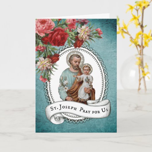 セントジョーゼフの子供のイエス・キリストの赤いバラのヴィンテージ カード (黄色い花)
