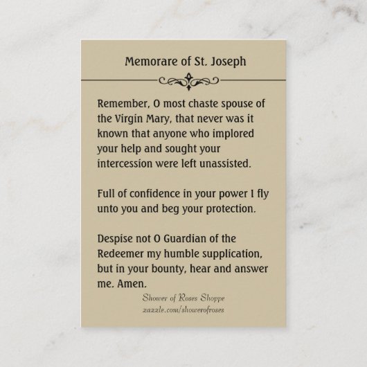 セントジョーゼフの子供のイエス・キリストMemorareの神聖なカード 名刺 (裏面)