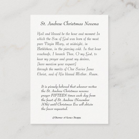 セントジョーゼフの母メリーのベビーイエス・キリストの神聖な天使 名刺 (裏面)