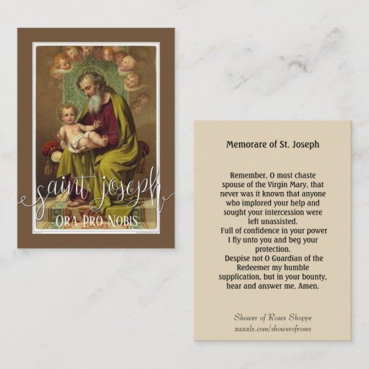 セントジョーゼフイエス・キリストの天使のMemorareの祈りの言葉の神聖なカード 名刺 (正面/裏面)