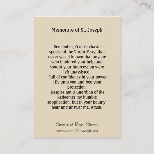 セントジョーゼフイエス・キリストの天使のMemorareの祈りの言葉 名刺 (裏面)
