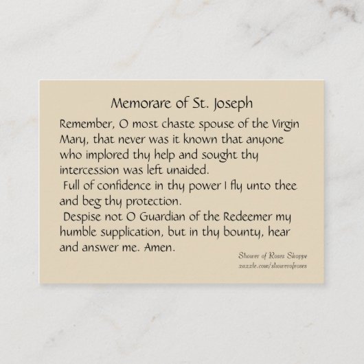 セントジョーゼフMemorareの神聖なカード 名刺 (裏面)