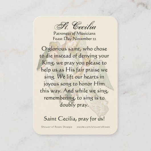 セントセシリアミュージシャンカトリック祈りの言葉 プレイスカード (裏面)