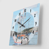 セントトマスの赤、白、青のボート スクエア壁時計 (傾斜)