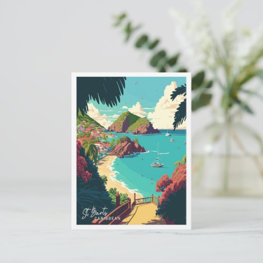 セントバートアカリブのートトラベルヴィンテージイラストレーション ポストカード (スタンド正面)