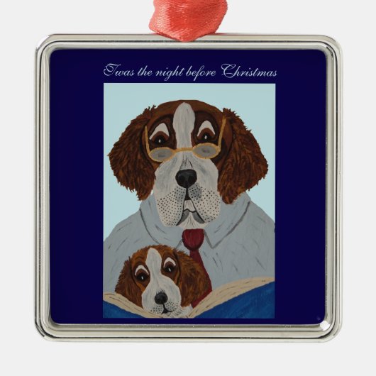セントバーナードが子犬にクリスマスの物語を読む メタルオーナメント (正面)