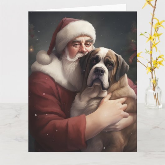 セントバーナードとサンタクロースのクリスマス カード (黄色い花)