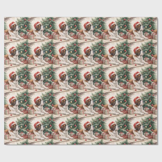 セントバーナードのクリスマスツリーの水彩画 ラッピングペーパー (フラット)