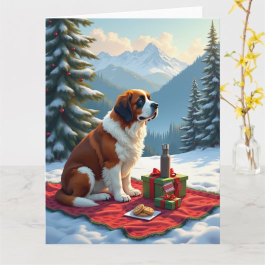 セントバーナードの冬のピクニック クリスマスの絵画 カード (黄色い花)