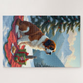 セントバーナードの冬のピクニック クリスマスの絵画 ジグソーパズル (横)