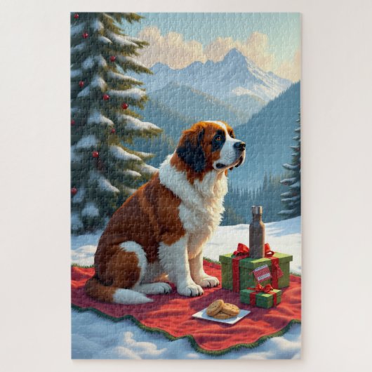セントバーナードの冬のピクニック クリスマスの絵画 ジグソーパズル (縦)