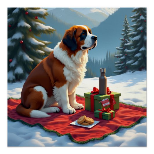 セントバーナードの冬のピクニック クリスマスの絵画 ポスター (正面)