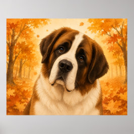 セントバーナードの秋の森の犬 ポスター