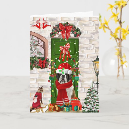 セントバーナード犬のクリスマス カード (黄色い花)