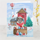 セントバーナード犬のクリスマス シーン 犬小屋と雪 カード (黄色い花)